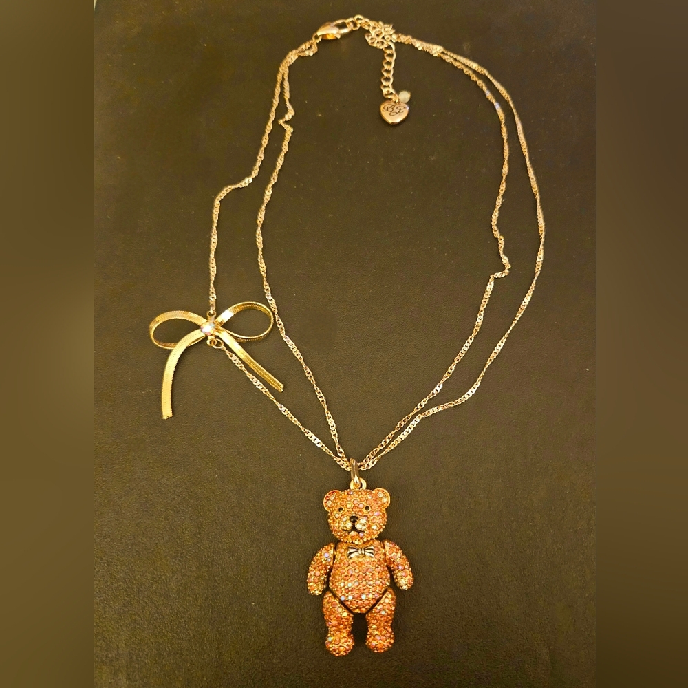 Betsey Johnson Pink Rhinestone Teddy Bear Necklace